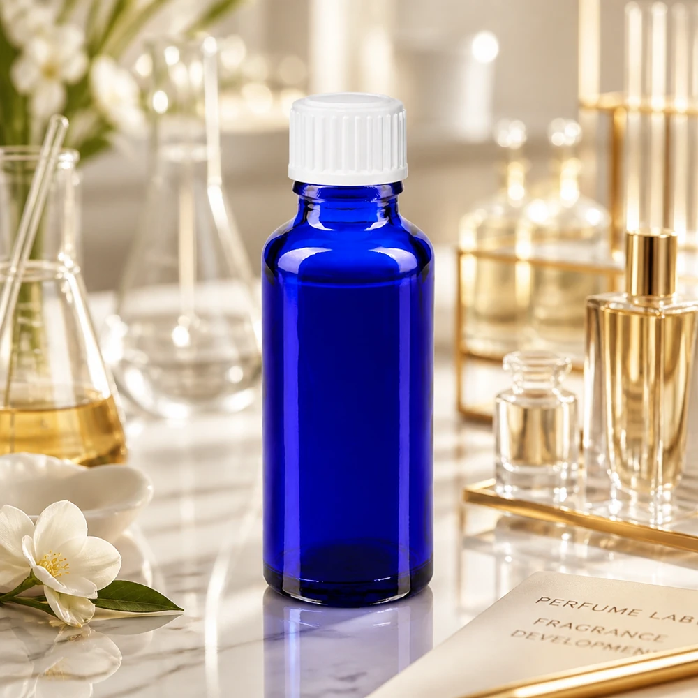 Flacon de pharmacie de 30 ml, bleu cobalt, avec bouchon standard blanc, dans le laboratoire de parfumerie