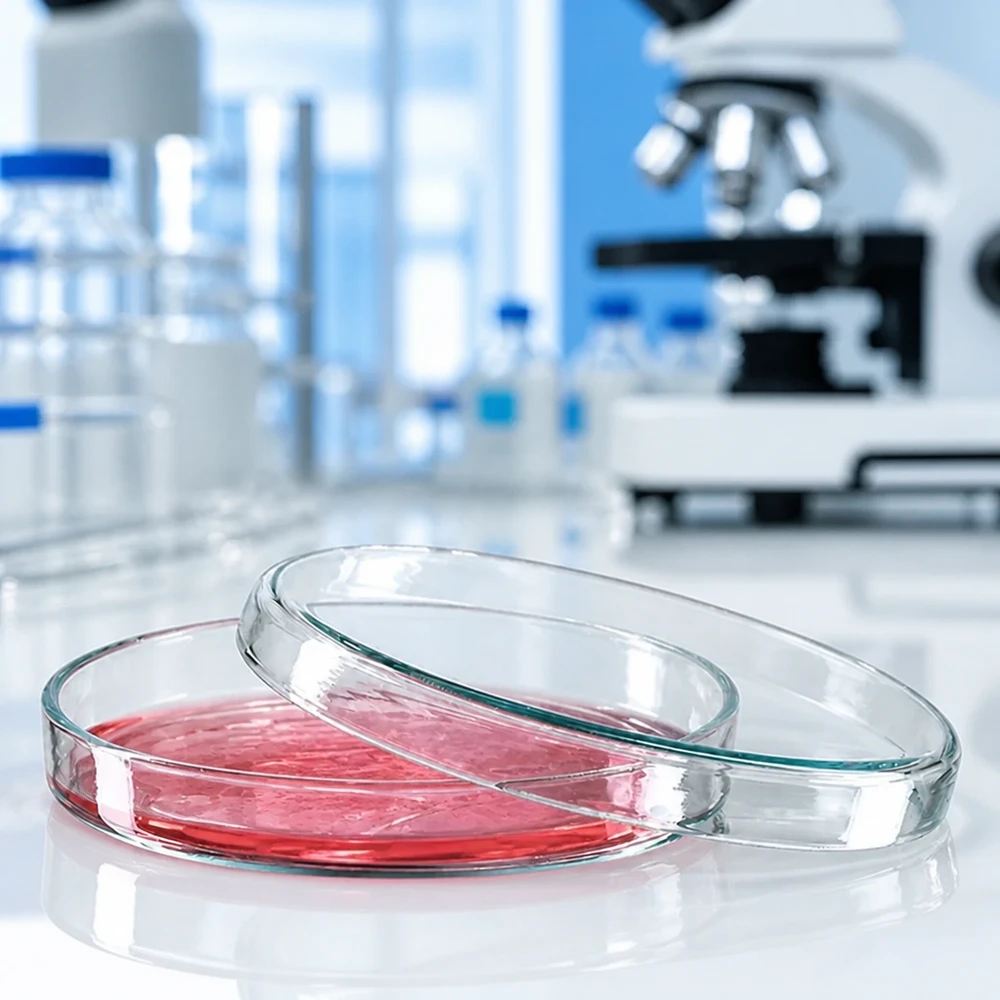 Boîte de Pétri en verre de 90 x 15 mm contenant une culture cellulaire rouge dans un laboratoire de recherche professionnel