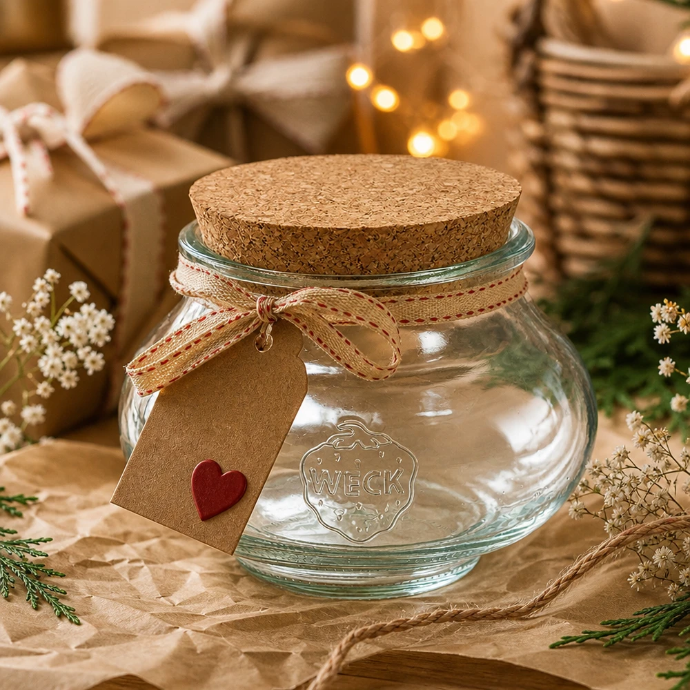 WECK Pot à bijoux 560ml RR80 avec couvercle en liège comme emballage cadeau avec pendentif en forme de cœur et décoration festive