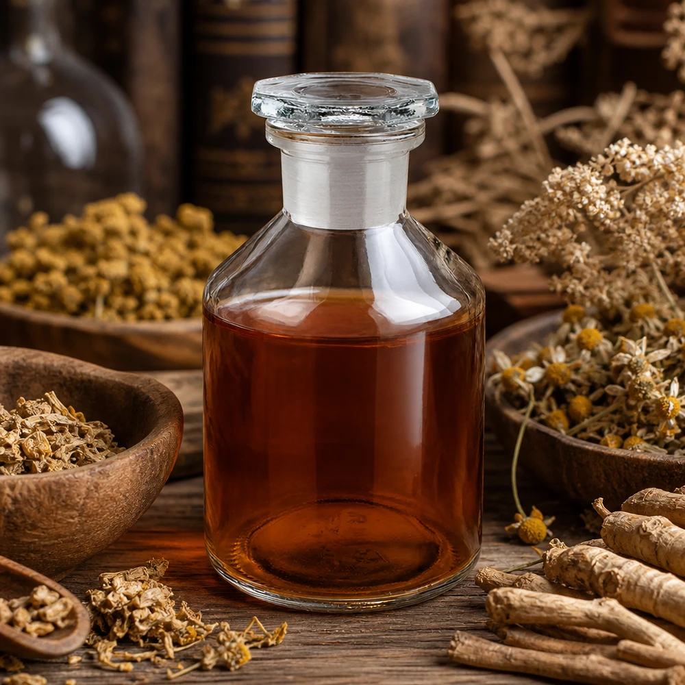 Flacon à col droit de 50 ml, transparent, muni d'un bouchon en verre et entouré d'herbes médicinales et de racines séchées
