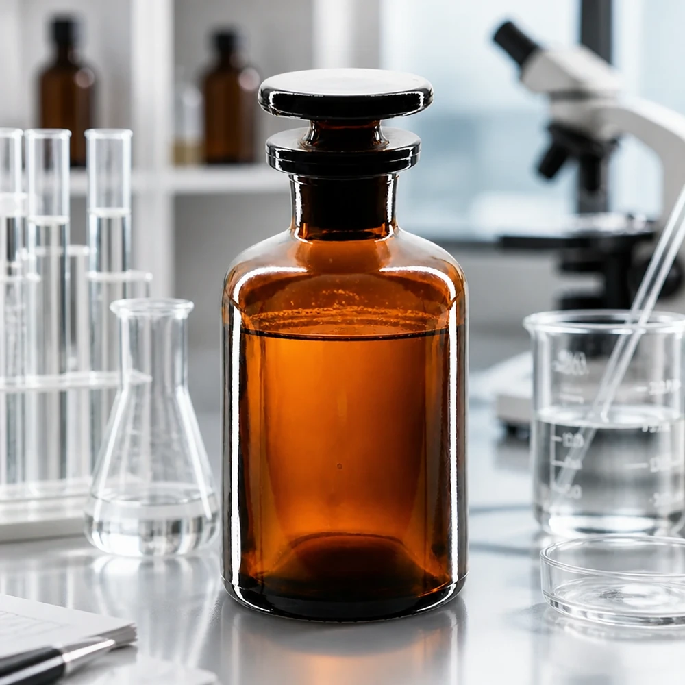 Flacon pharmaceutique 50 ml col étroit en verre ambré + bouchon Flacon en verre ambré à épaulement arrondi, 50 ml, à col étroit, muni d'un bouchon en verre, destiné aux produits chimiques de laboratoire