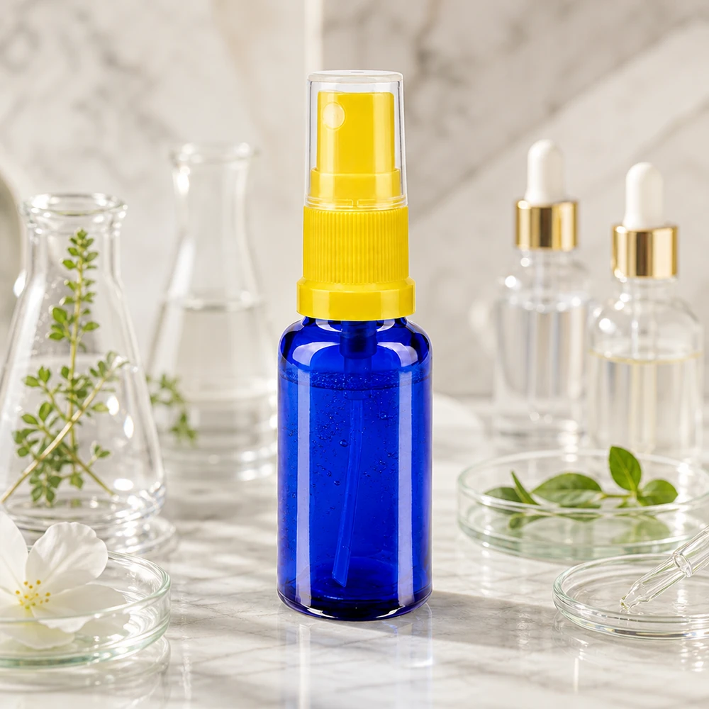 Flacon pulvérisateur compact de 20 ml, bleu STD, avec pompe jaune, pour les cosmétiques et la pharmacie