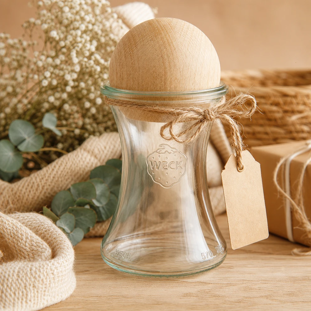 370ml bocal à gourmandises WECK RR80 avec boule en bois en hêtre WECK Delikatessengl 370ml RR80 Sphère en bois Hêtre Emballage cadeau Fil de jute Étiquette Équipement de cuisine naturel