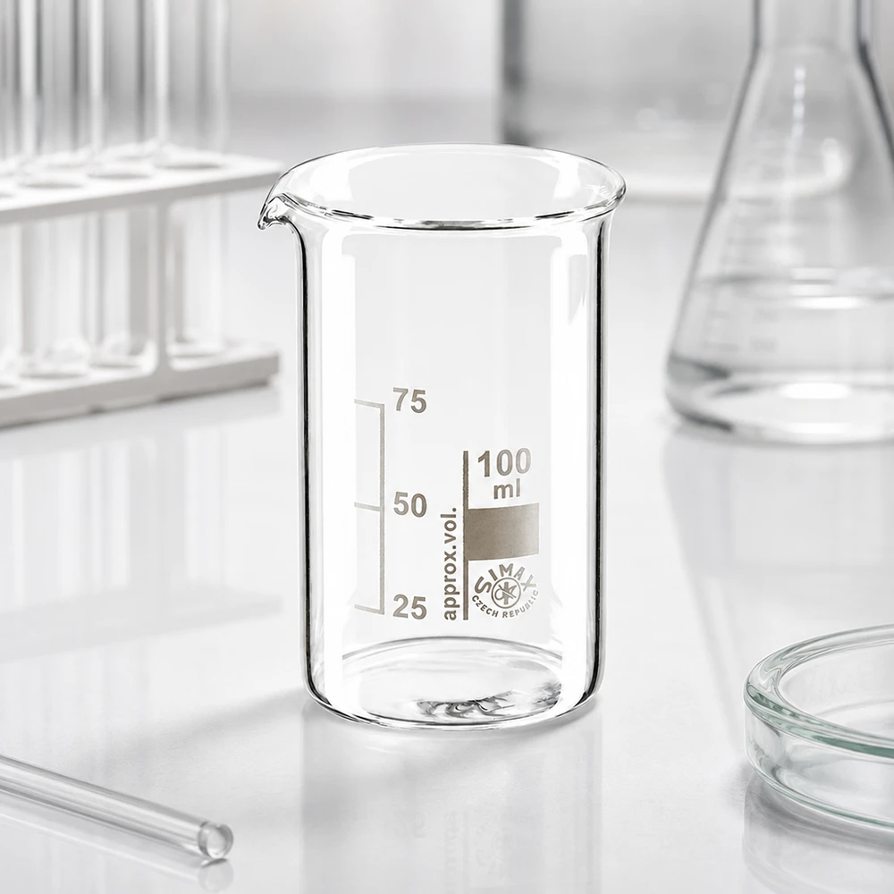 Bécher vide de 100 ml, de forme haute, en verre borosilicaté, avec une échelle graduée imprimée de 25 à 75 ml