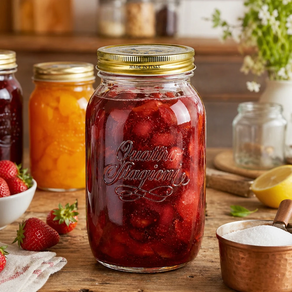 Quattro Stagioni 1500ml bocal rempli de confiture de fraise scène de cuisine italienne bocal de conservation strawberry jam
