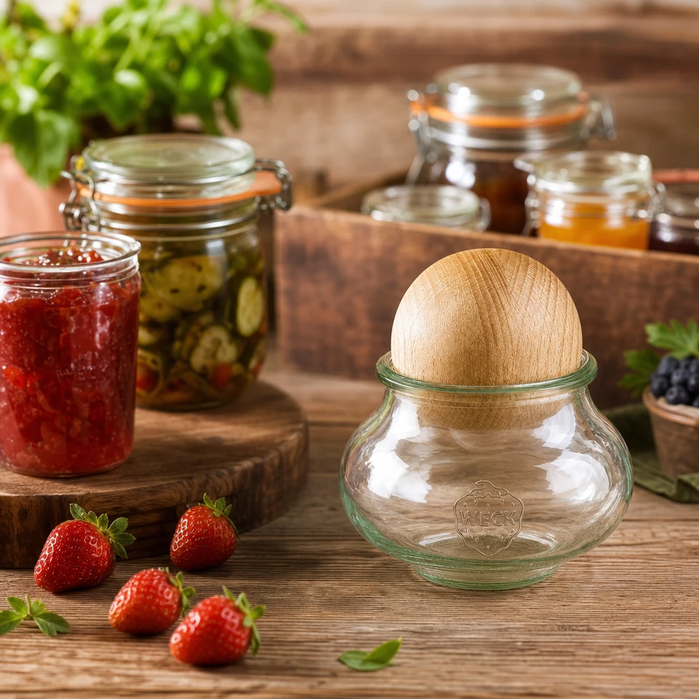 WECK Bocal à provisions 560ml RR80 Sphère en bois Hêtre Décoration de cuisine avec bocaux à confiture Fraises Planche en bois