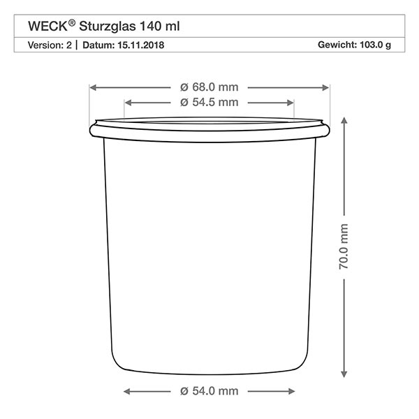 140ml bocal conique WECK RR60 avec boule en bois en hêtre Dessin technique WECK Verre renversé 140ml RR60 avec dimensions et spécifications pour couvercle boule en bois en hêtre