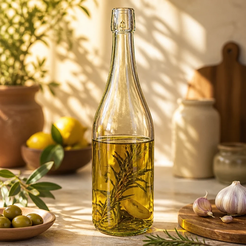 Bouteille en verre de 750ml UNiTWIST remplie d'huile aux herbes dans la cuisine méditerranéenne avec des olives et de l'ail Exemple d'utilisation