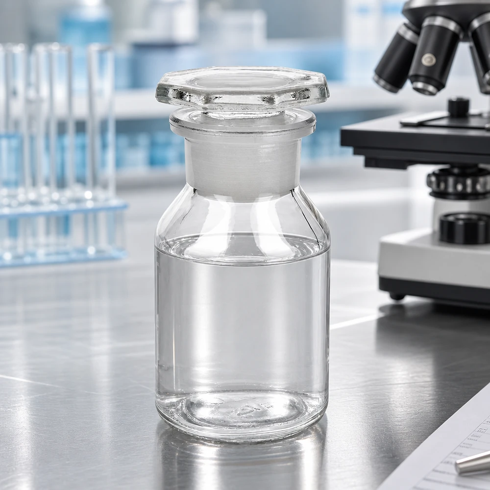 Flacon à paroi droite de 50 ml, transparent, à col large, muni d'un bouchon en verre taillé, posé sur une paillasse de laboratoire à côté d'un microscope