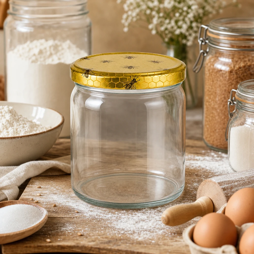 Bocal rond de 408 ml avec couvercle BasicSeal en nid d'abeille vide entre les ingrédients de cuisson, la farine, les œufs et les bocaux de stockage.