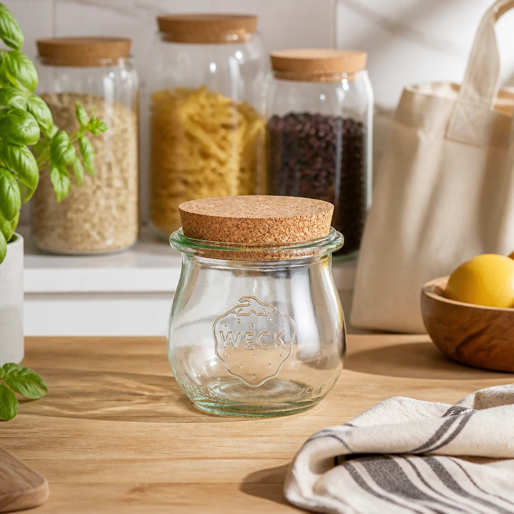 75ml bocal tulipe WECK RR40 avec bouchon nature WECK Pot tulipe 75ml RR40 avec bouchon dans une cuisine durable entre les bocaux à provisions et les bols en bois sur un comptoir en bois