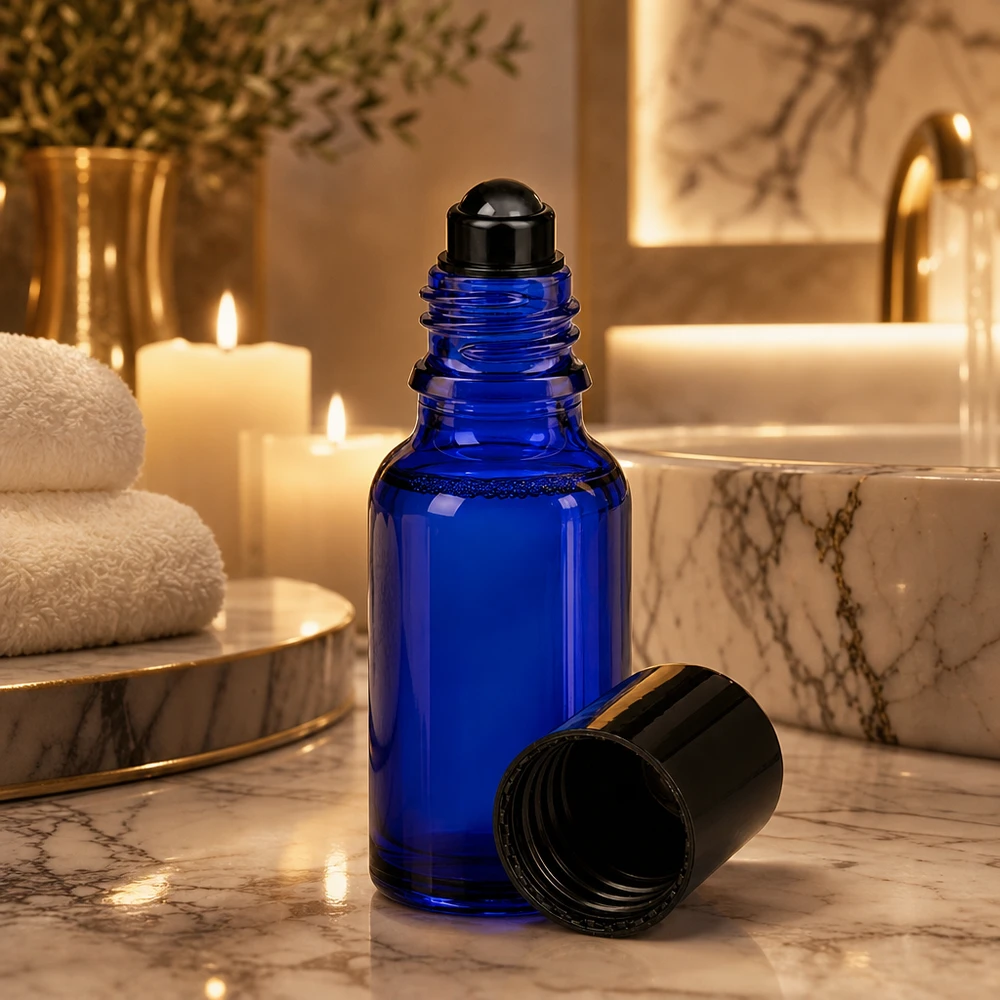 Flacon de déodorant en verre bleu 20 ml, déo à bille vide Flacon de pharmacie bleu de 20 ml avec bouchon à bille noir sur fond de marbre blanc