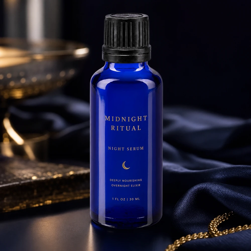 Bouteille de pharmacie bleue 30ml bouchon vissable noir bouchon d'inviolabilité Sérum de nuit Midnight Ritual présenté dans un flacon de pharmacie bleu cobalt de 30 ml muni d'un bouchon noir strié