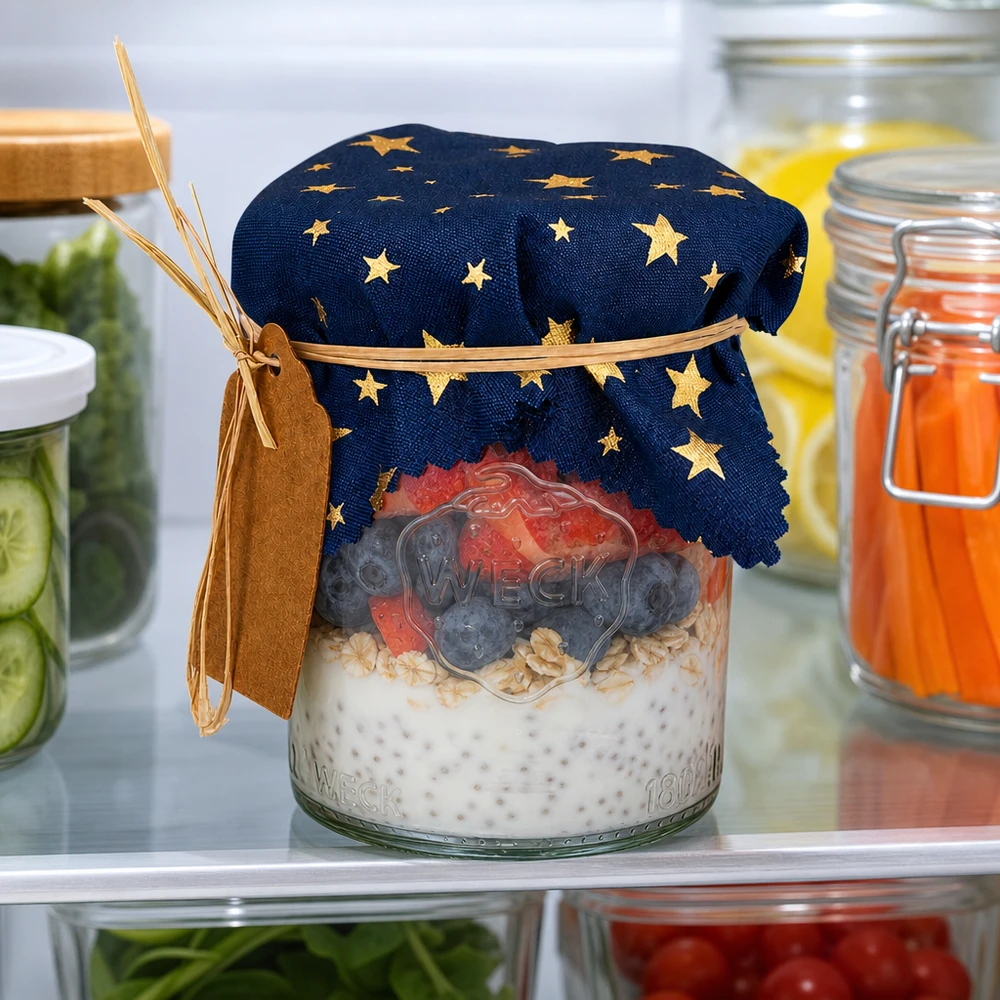 Couvercle en tissu bleu étoiles 120x120mm carré Rangement du réfrigérateur avec un couvercle en tissu bleu étoilé sur des overnight oats entre des concombres frais et des jus de fruits