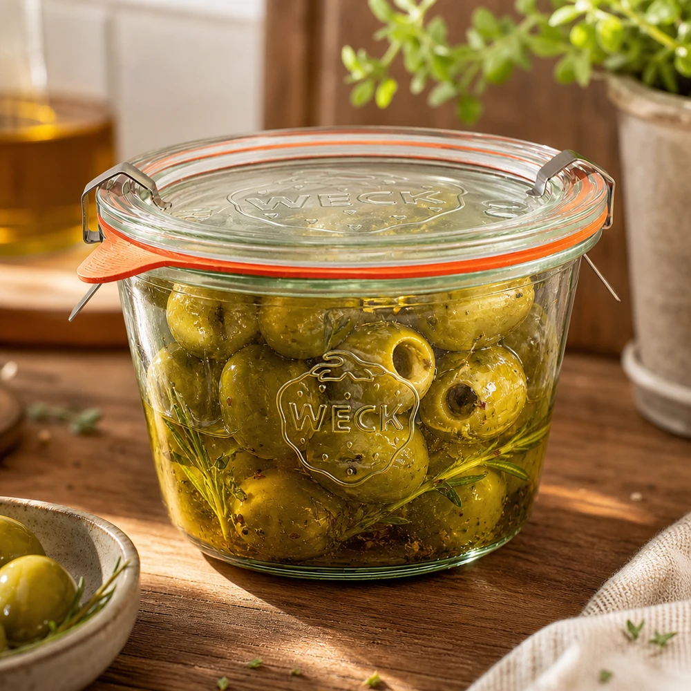 WECK Pot renversé 370ml RR100 rempli d'olives marinées à l'huile montre une conservation parfaite des antipasti