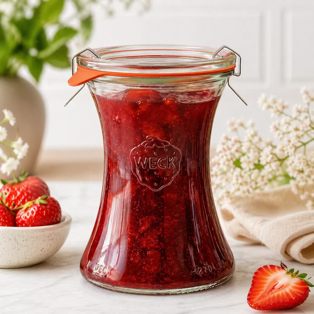 WECK Pot de délicatesse 370ml RR80 rempli de confiture de fraises maison Pot à couvercle à étrier Lifestyle