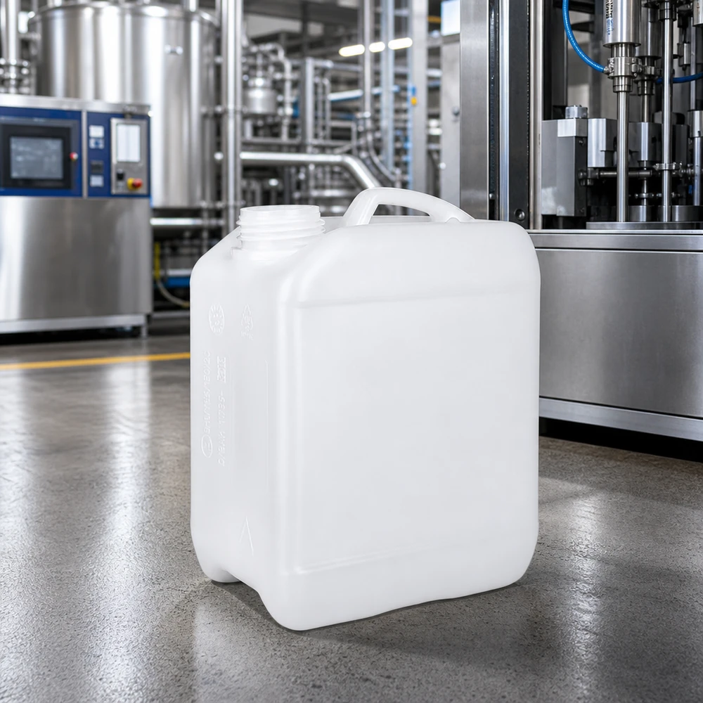 Bidon de 2,5 litres sans bouchon Bidon industriel de 2,5 litres sans bouchon, dans une usine de conditionnement moderne, sur un sol en béton