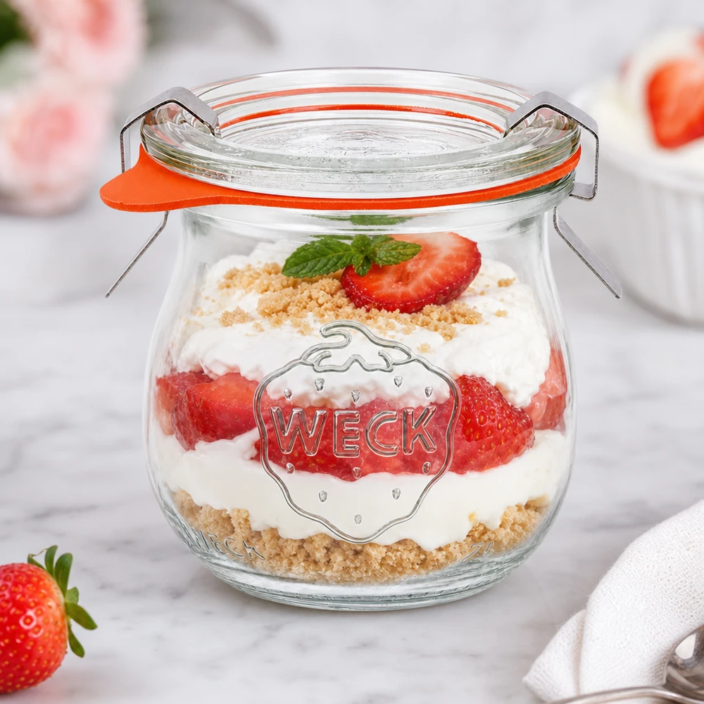 75ml bocal tulipe complet WECK RR40 WECK Verre tulipe 75ml comme verre à dessert avec un dessert stratifié à la fraise et à la crème et des miettes de biscuits présentées avec style