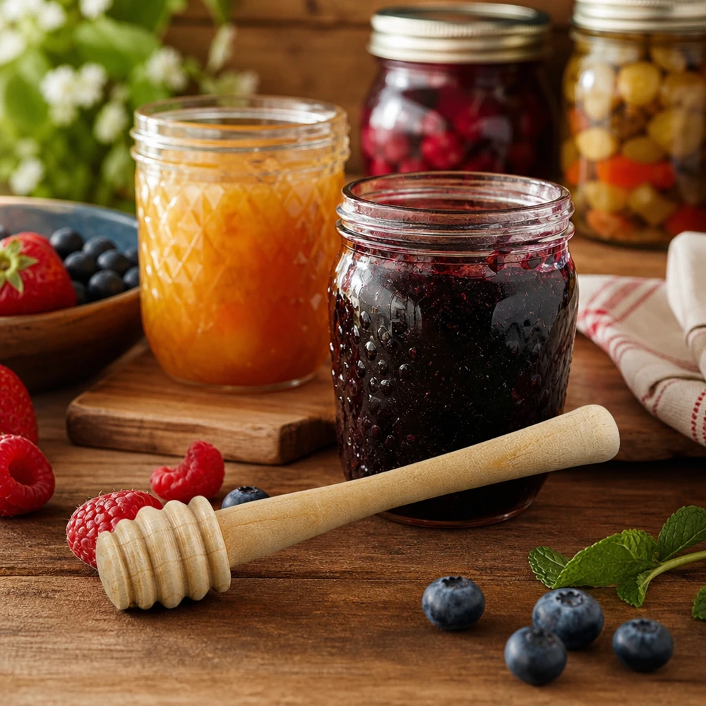 Pelle à miel en bois 10,5 cm Cuillère à miel en bois d'érable dans un décor de cuisine rustique avec des pots de confiture et des baies fraîches sur une table en bois