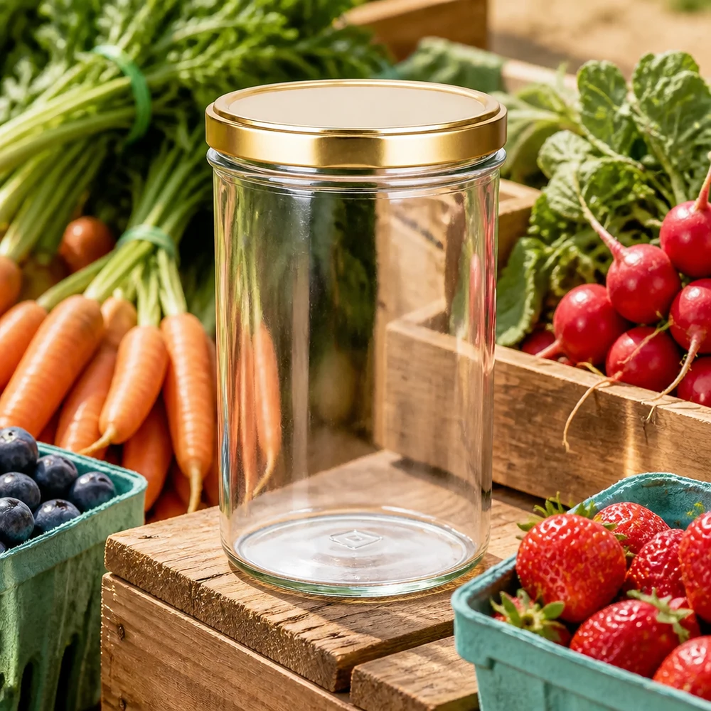 277ml verre renversé vide avec couvercle doré BasicSeal entouré de légumes frais fruits sur caisse en bois stand de marché