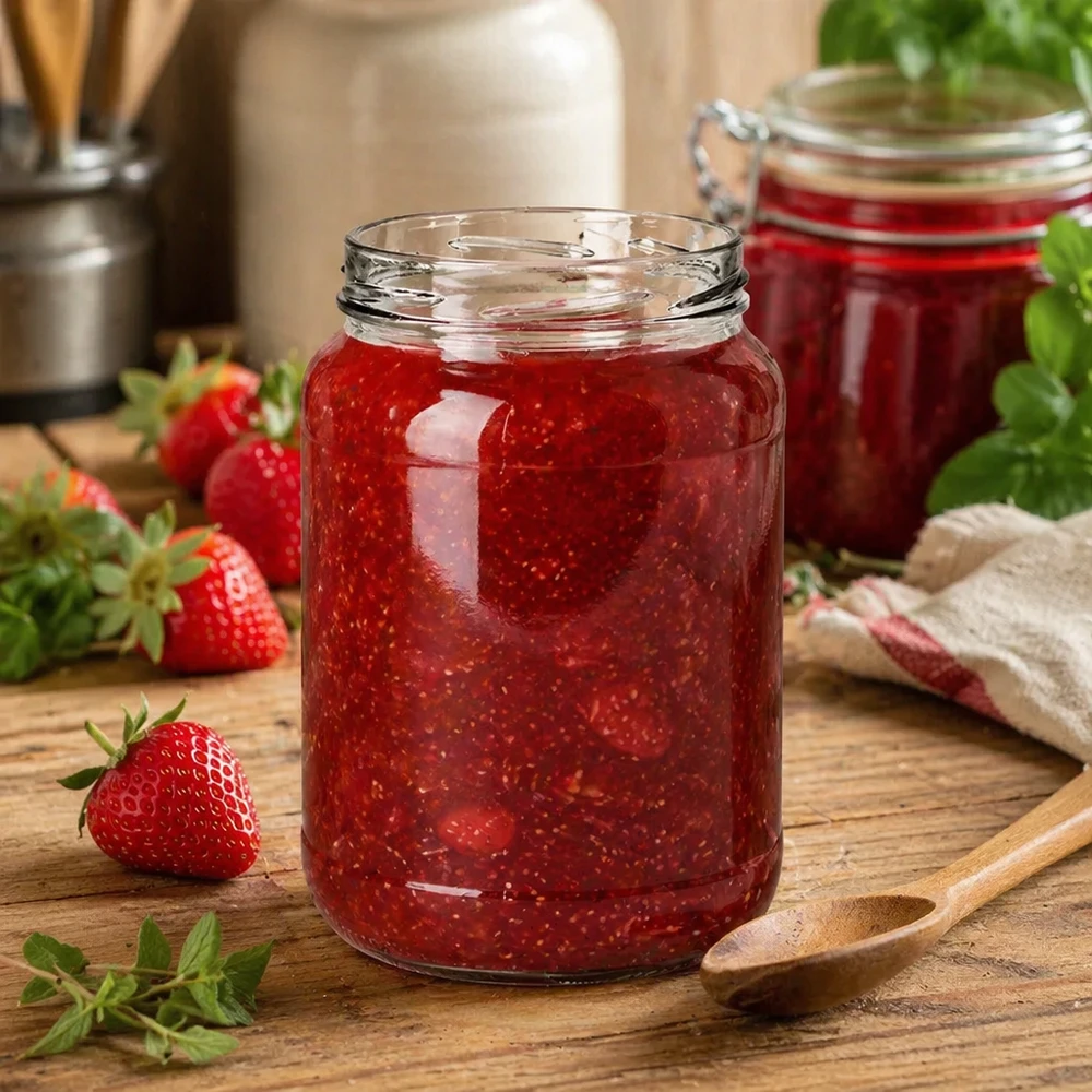 UNiTWIST Runda1700 Pot renversé rempli de confiture de fraises 1700ml TO100 Bocal de conservation Cuisine Table en bois