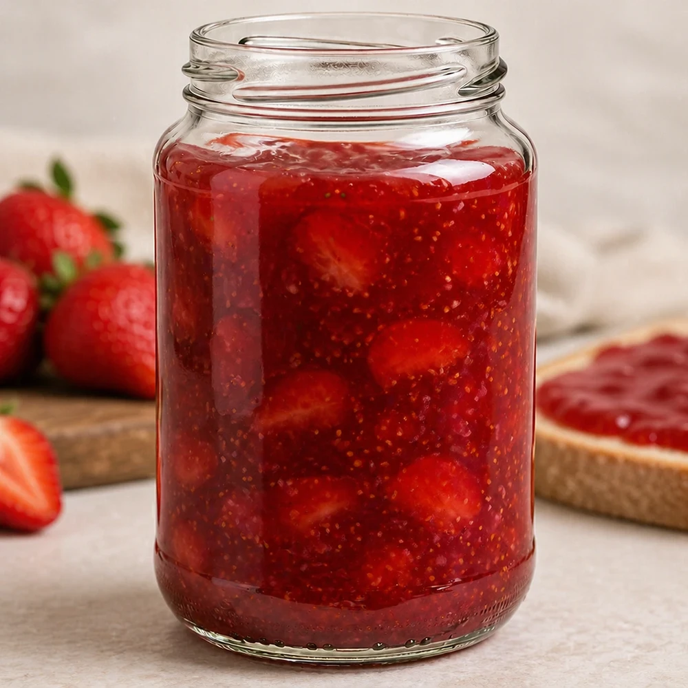 UNiTWIST Runda375 Verre rond 375ml TO63 rempli de confiture de fraises maison à côté de fraises fraîches et de pain