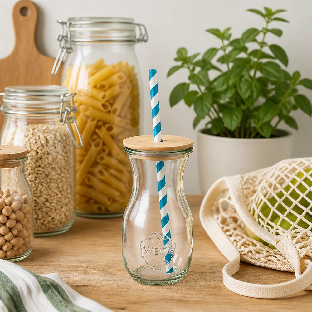 WECK Bouteille de jus 290ml cuisine durable Zero Waste Bouteilles en verre Bocaux à provisions Pâtes Couvercle en bois Paille écologique