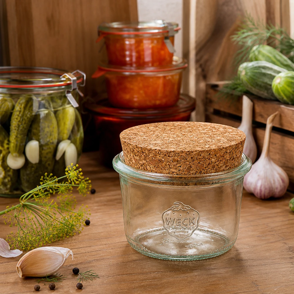 WECK RR60 Pot renversé 80ml avec bouchon dans une cuisine rustique à côté de cornichons marinés et d'herbes fraîches
