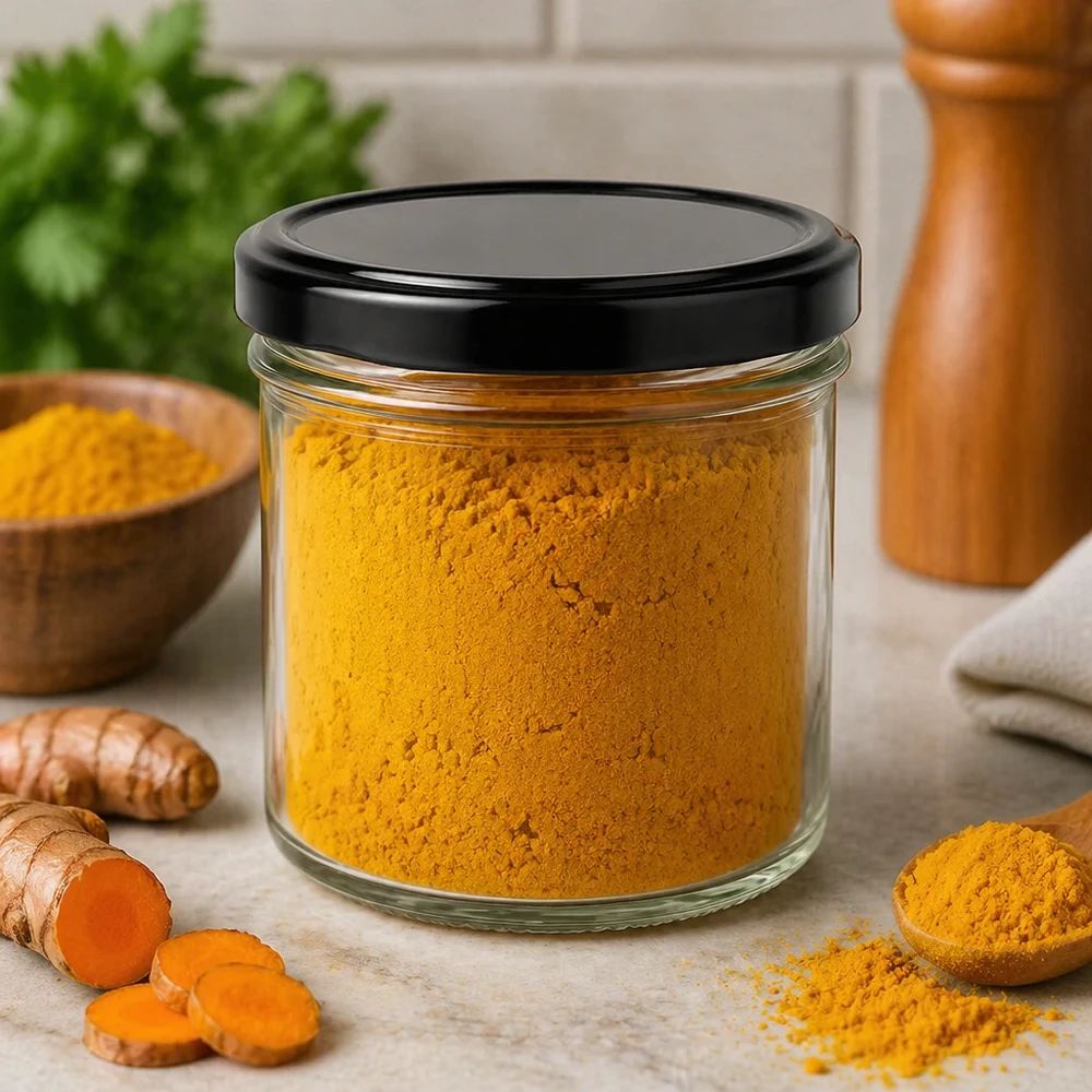 125ml Verre conique avec couvercle BasicSeal noir UNiTWIST Bocal en verre de 125 ml avec couvercle noir BasicSeal rempli de poudre de curcuma Racine de curcuma fraîche Bocal à épices Cuisine