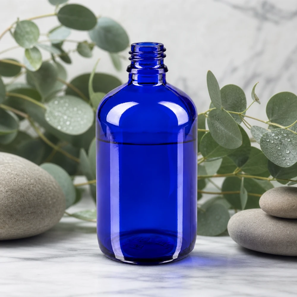 Flacon compte-gouttes 100 ml DIN18 - verre bleu Bouteille ApoGlas bleue soufflée à la bouche de 100 ml avec un filetage précis pour un stockage sûr