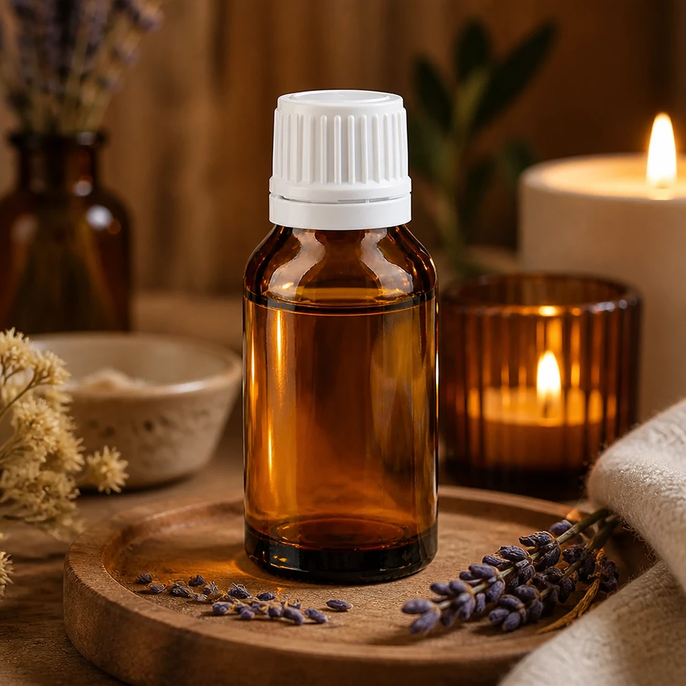 Flacon de pharmacie cylindrique de 15 ml en verre ambré avec bouchon à vis blanc, présenté sur un plateau en bois