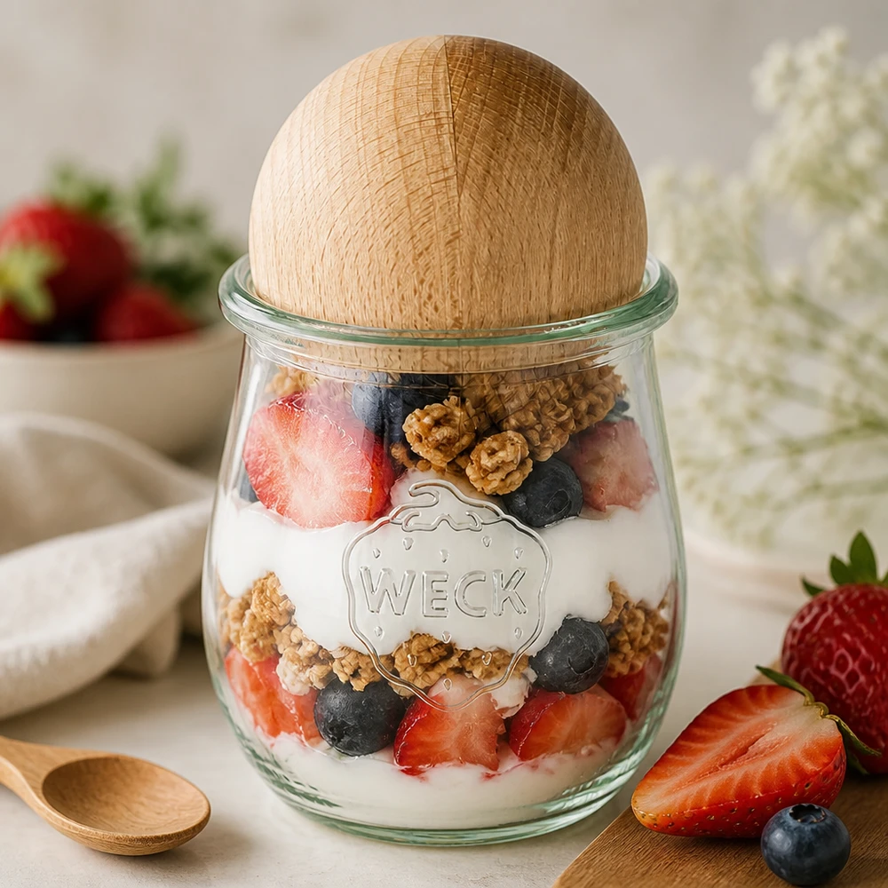 WECK Pot tulipe RR60 220ml comme parfait au yaourt avec baies et noix, bouchon boule en bois de hêtre pour les desserts