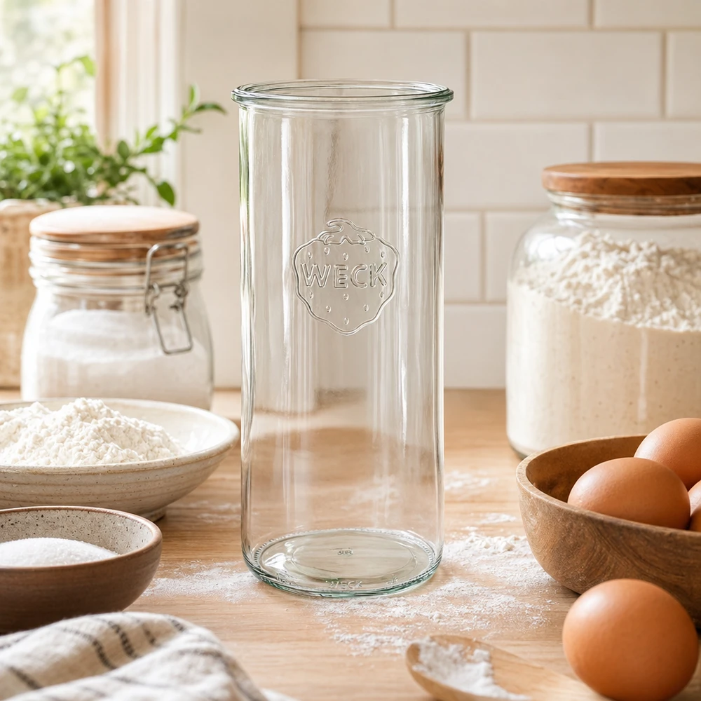 Bocal en verre WECK RR100 de 1 500 ml 1500ml WECK Bocal de stockage en verre RR100 dans une cuisine rustique avec des œufs et de la farine sur un plan de travail en bois