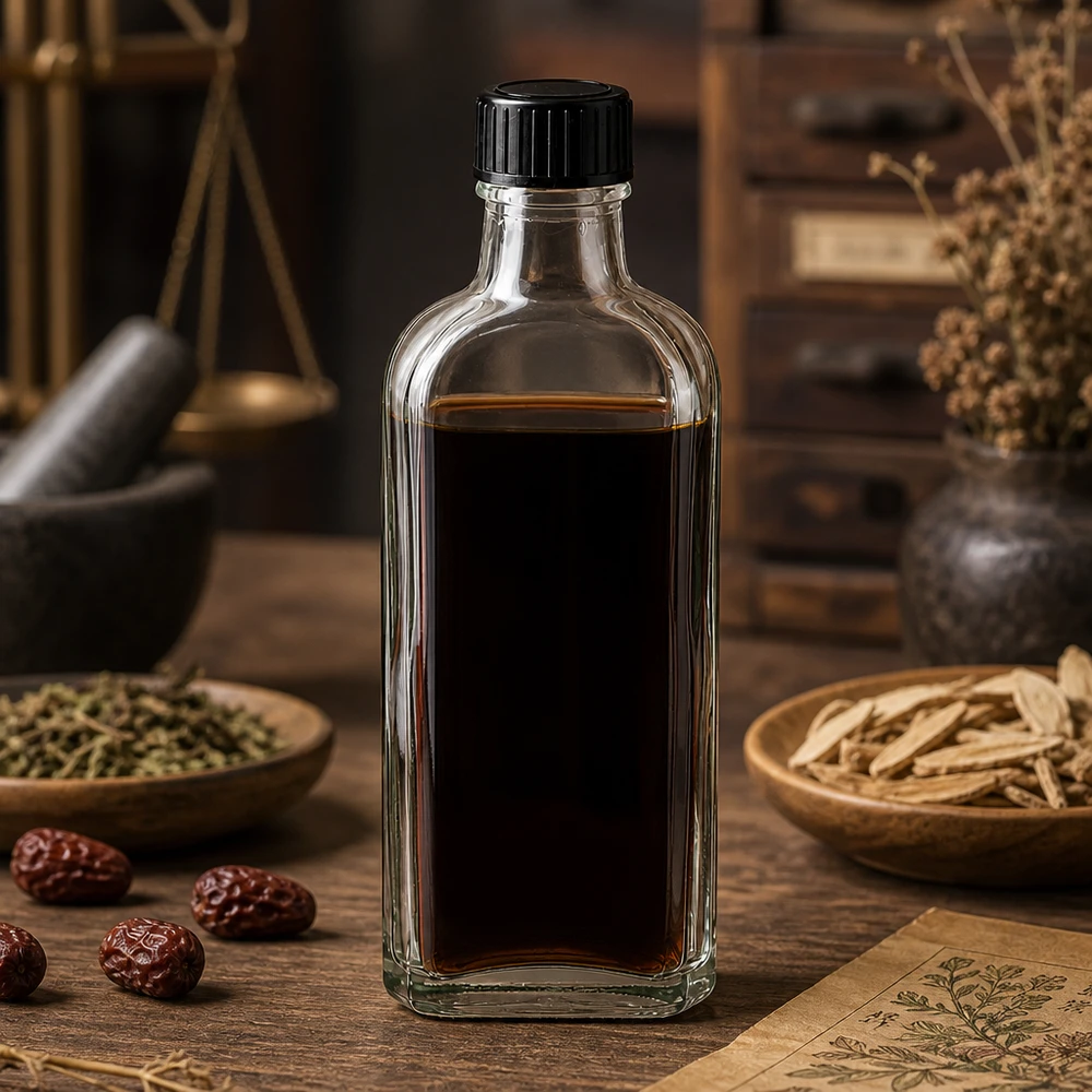 Flacon Meplat transparent de 100 ml avec bouchon à vis noir, rempli d'un extrait foncé, posé sur une table en bois