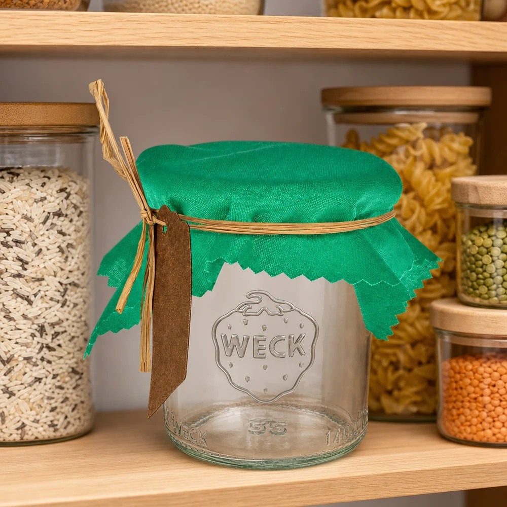 Tissu napperon pour décoratif verte 12cm carré Grünes Schmuckdeckchen 12cm auf Einmachglas in stylischer Küche mit Vorratsgläsern - dekorative Glasabdeckung