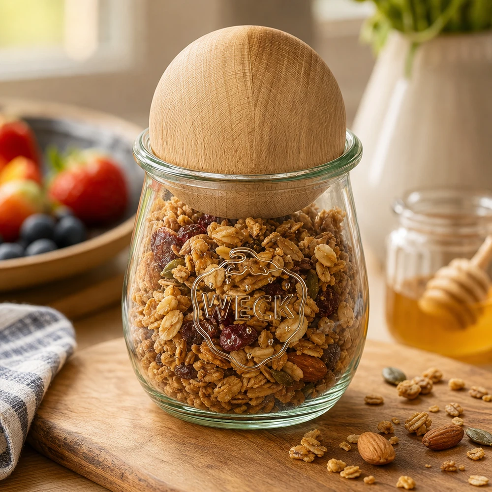 220ml bocal tulipe WECK RR60 avec boule en bois en hêtre WECK Pot tulipe 220ml avec boule en hêtre remplie de noix et de fruits secs, bocal à provisions Scène de cuisine