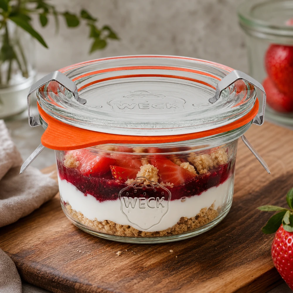WECK Pot renversé de 50 ml RR60 avec dessert stratifié aux fraises et à la crème comme exemple d'utilisation pour les desserts sucrés