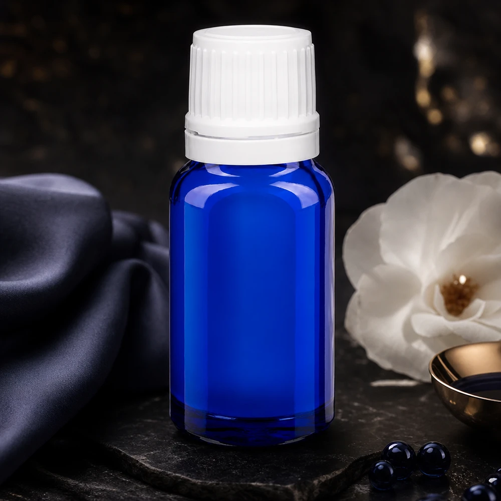 Flacon de pharmacie bleu 10ml bouchon vissable blanc bouchon d'inviolabilité Flacon opacisé de 10 ml, bleu avec bouchon blanc, pour huiles essentielles sensibles