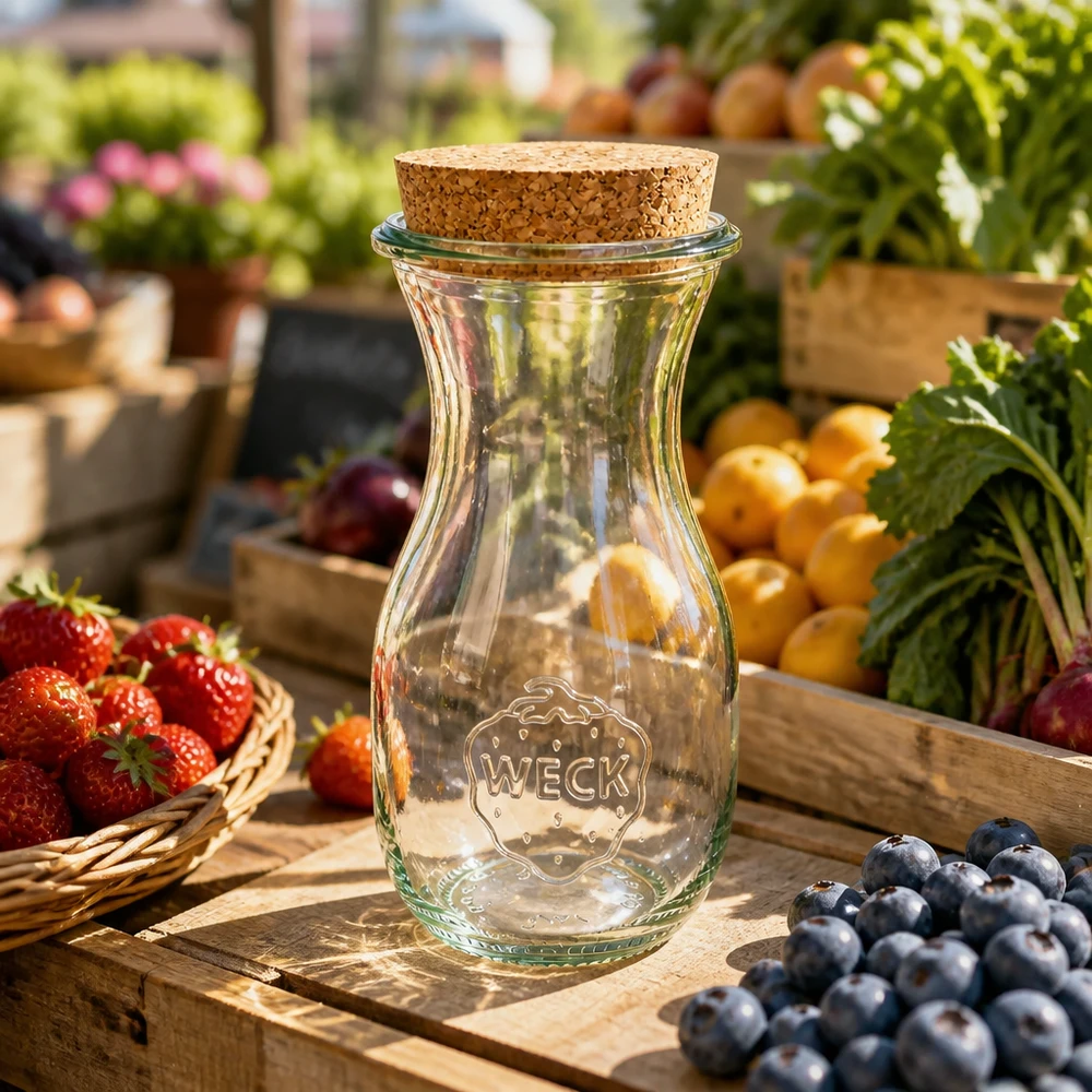 290ml Bouteille à jus de fruits WECK RR60 avec bouchon nature Bouteille de jus WECK 290ml RR60 avec bouchon naturel sur une table en bois entre des myrtilles et des fraises fraîches Stand de marché