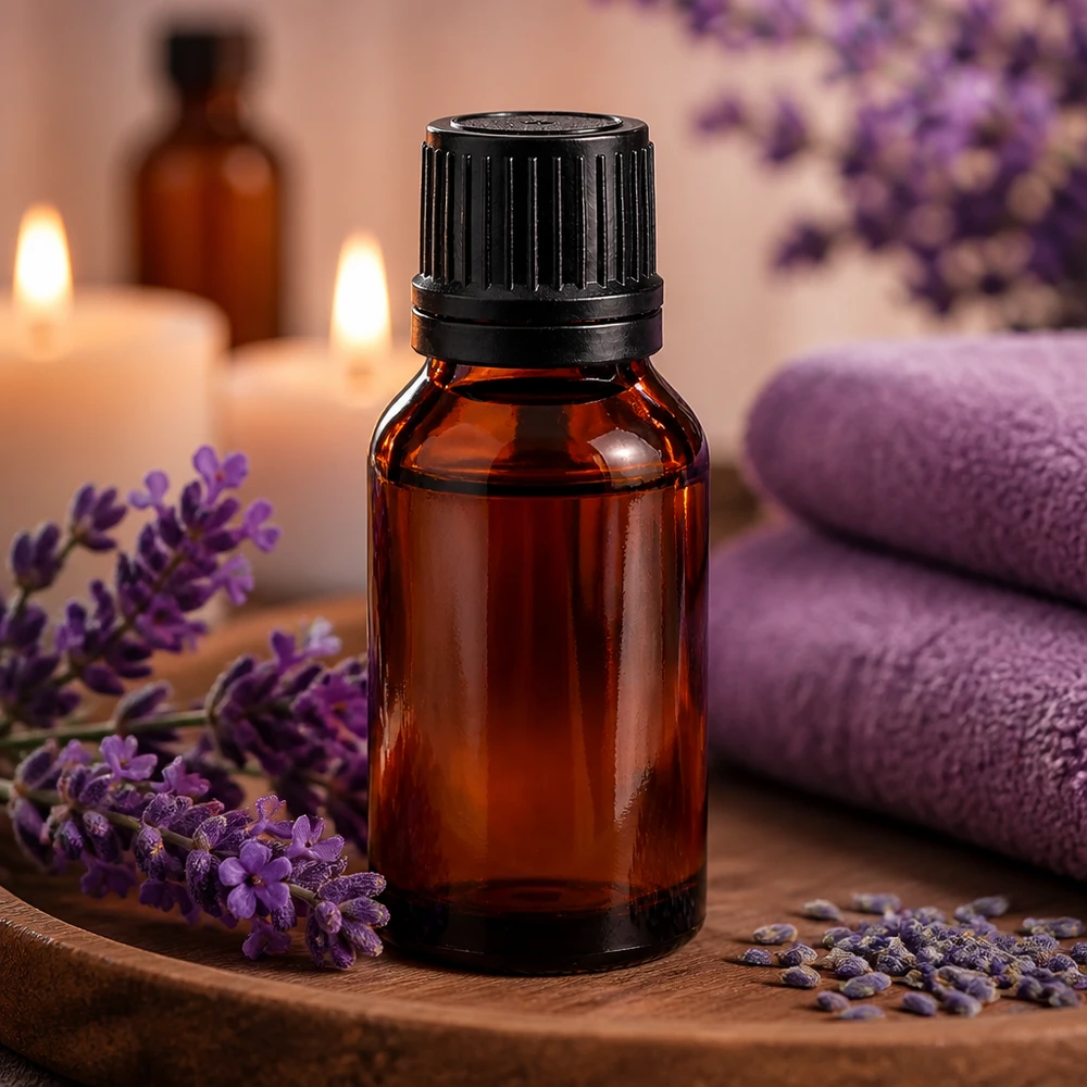 Flacon en verre ambré de 15 ml muni d'un bouchon compte-gouttes noir, entouré de fleurs de lavande, posé sur un plateau en bois