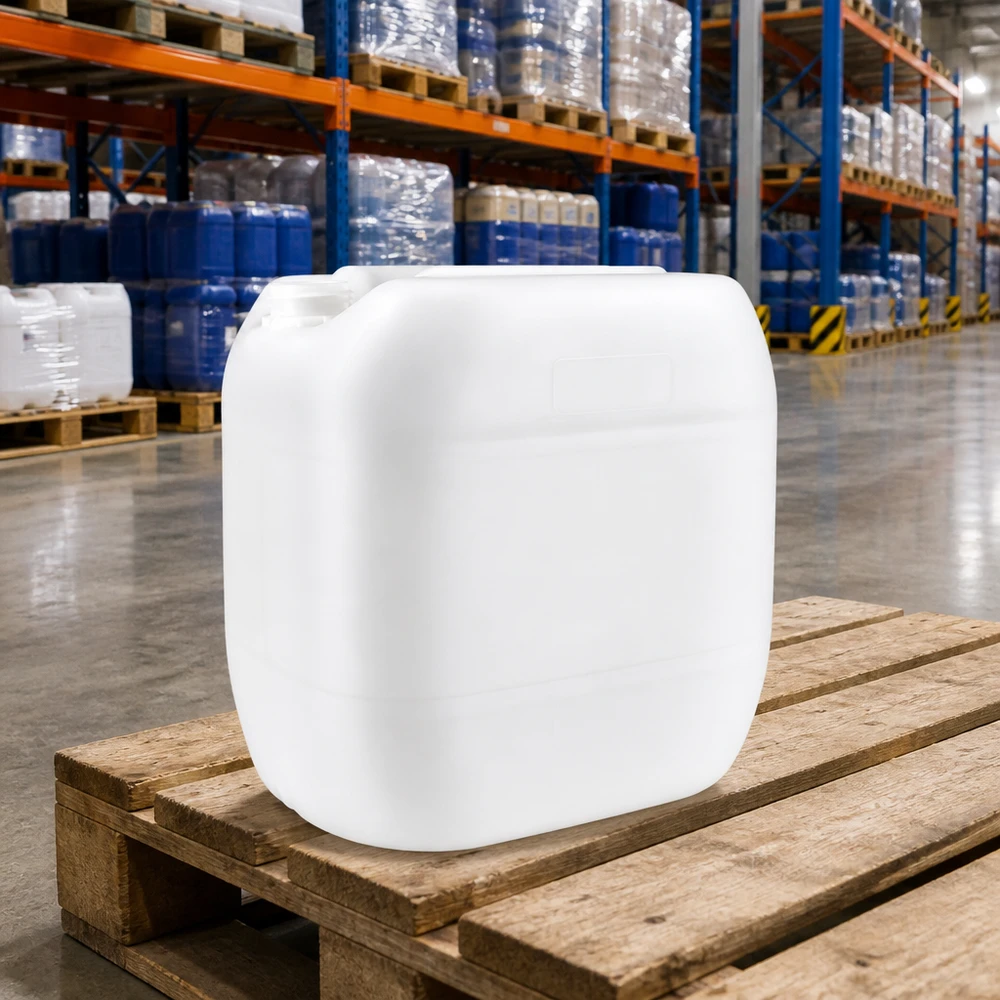 Jerrican de 30 litres sans bouchon Bidon en plastique empilable de 30 litres, sans bouchon, sur une palette en bois, en stock