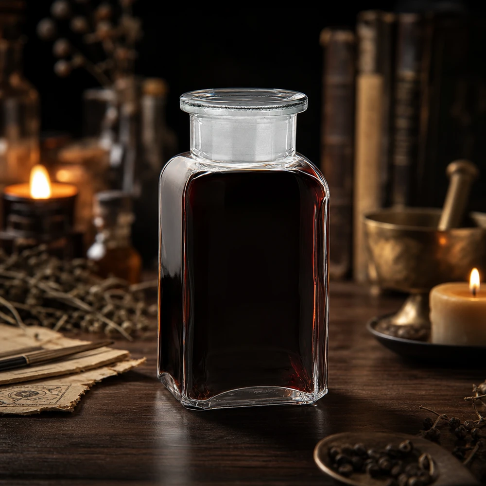 Flacon carré de 100 ml, transparent, rempli d'un extrait foncé, devant des herbes et des livres anciens