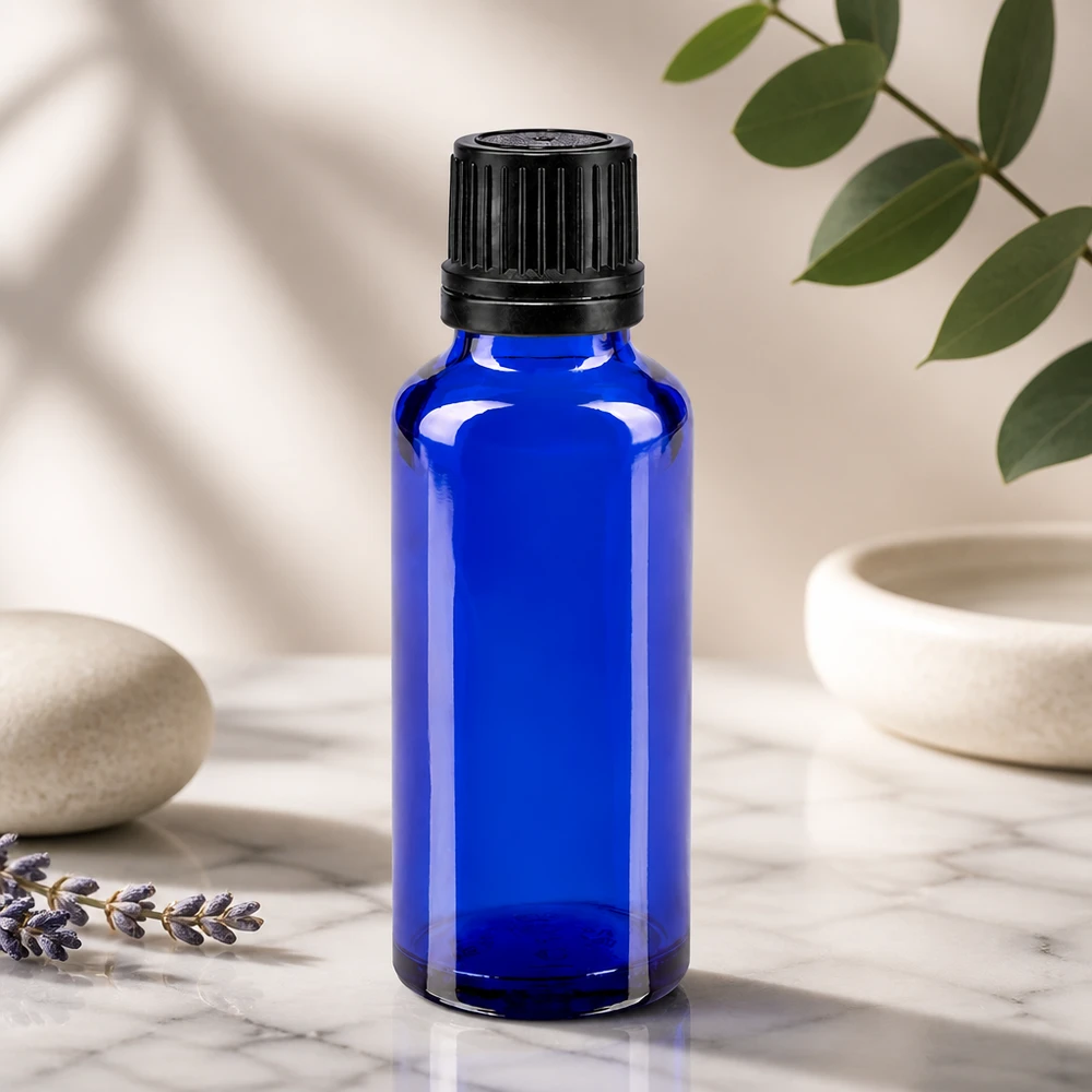 Bouteille de pharmacie bleue 30ml bouchon vissable noir bouchon d'inviolabilité Flacon en verre d'apothicaire bleu cobalt de 30 ml avec bouchon de sécurité noir rainuré, posé sur du marbre