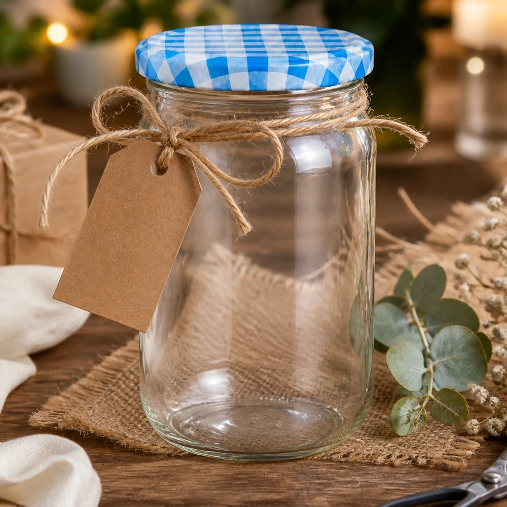1062ml verre rond vide avec étiquette cadeau et ficelle de jute, BasicSeal couvercle bleu-blanc, présentation décorative