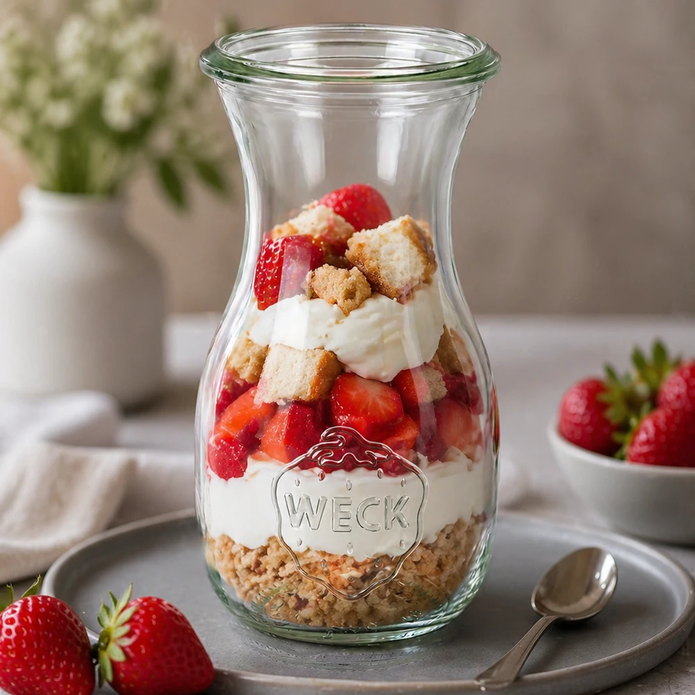 Bouteille à jus WECK RR60 de 290 ml WECK Bouteille de jus 290ml RR60 comme verre à dessert rempli de fraises à la crème et de biscuits décorés sur une assiette grise