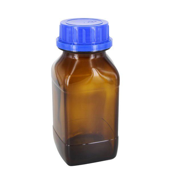 Flacon carré à col large en verre ambré 500 ml, avec bouchon à vis bleu de norme DIN 54, système d’inviolabilité et joint en PEE Bouteille de produits chimiques brune de 500 ml avec bouchon à vis bleu et insert EPE pour produits chimiques de laboratoire