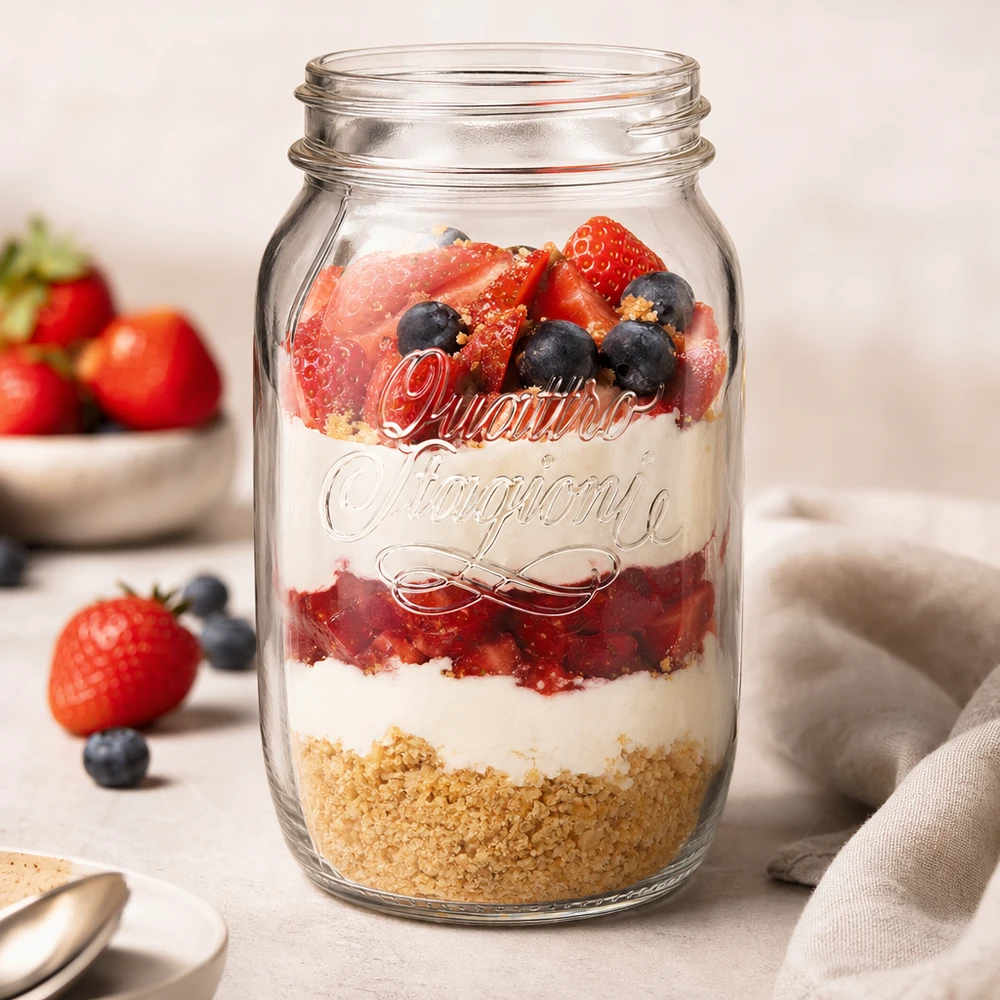 Quattro Stagioni 1000ml verre ménager avec dessert stratifié de fond de biscuit crème et baies fraîches