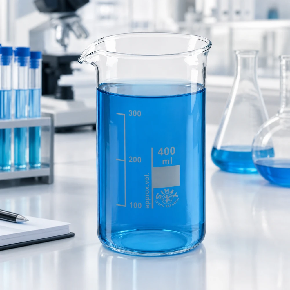 Photo de laboratoire : bécher de 400 ml, forme haute, contenant un liquide bleu, posé sur une paillasse blanche