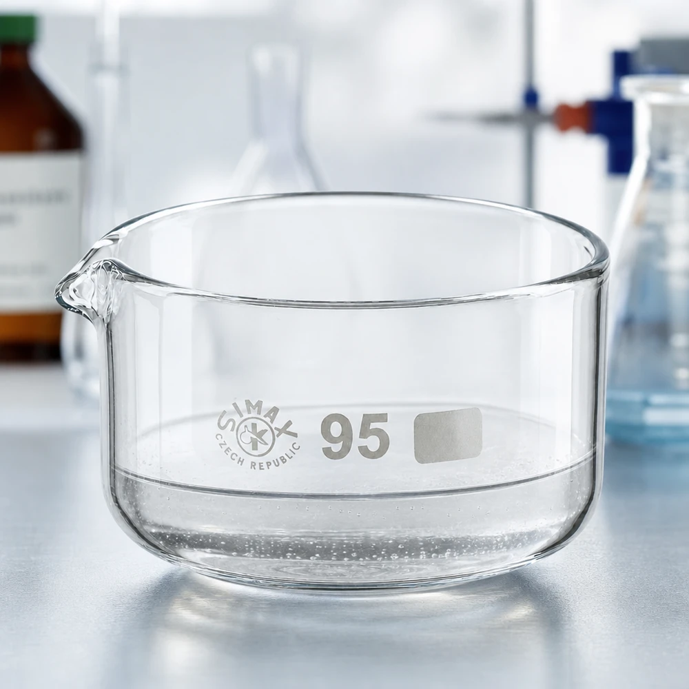 Coupelle de cristallisation 300 ml avec bec verseur Bol de cristallisation transparent vide, 300 ml, verre borosilicaté, bec verseur ø 95 mm, laboratoire SIMAX, République tchèque