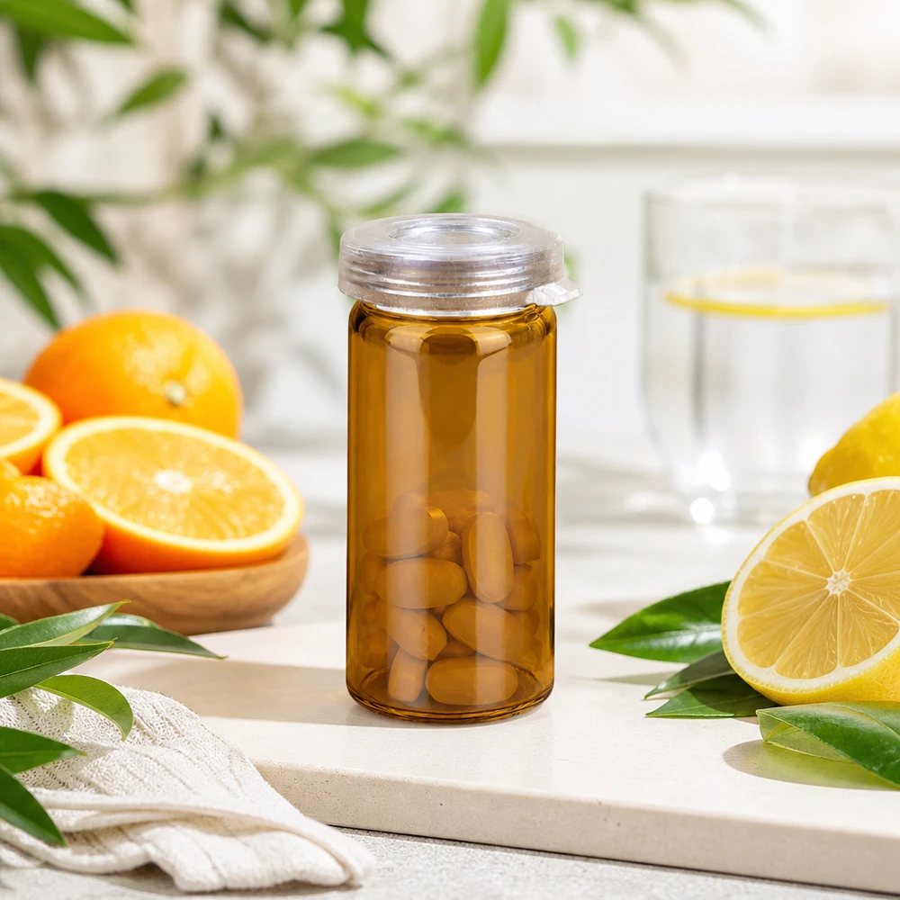 Pot à comprimés 5 ml en verre clair, avec bouchon à déclic Verre à bord roulé de 5 ml, couleur ambre, avec couvercle à encliqueter, entre des oranges et des citrons frais